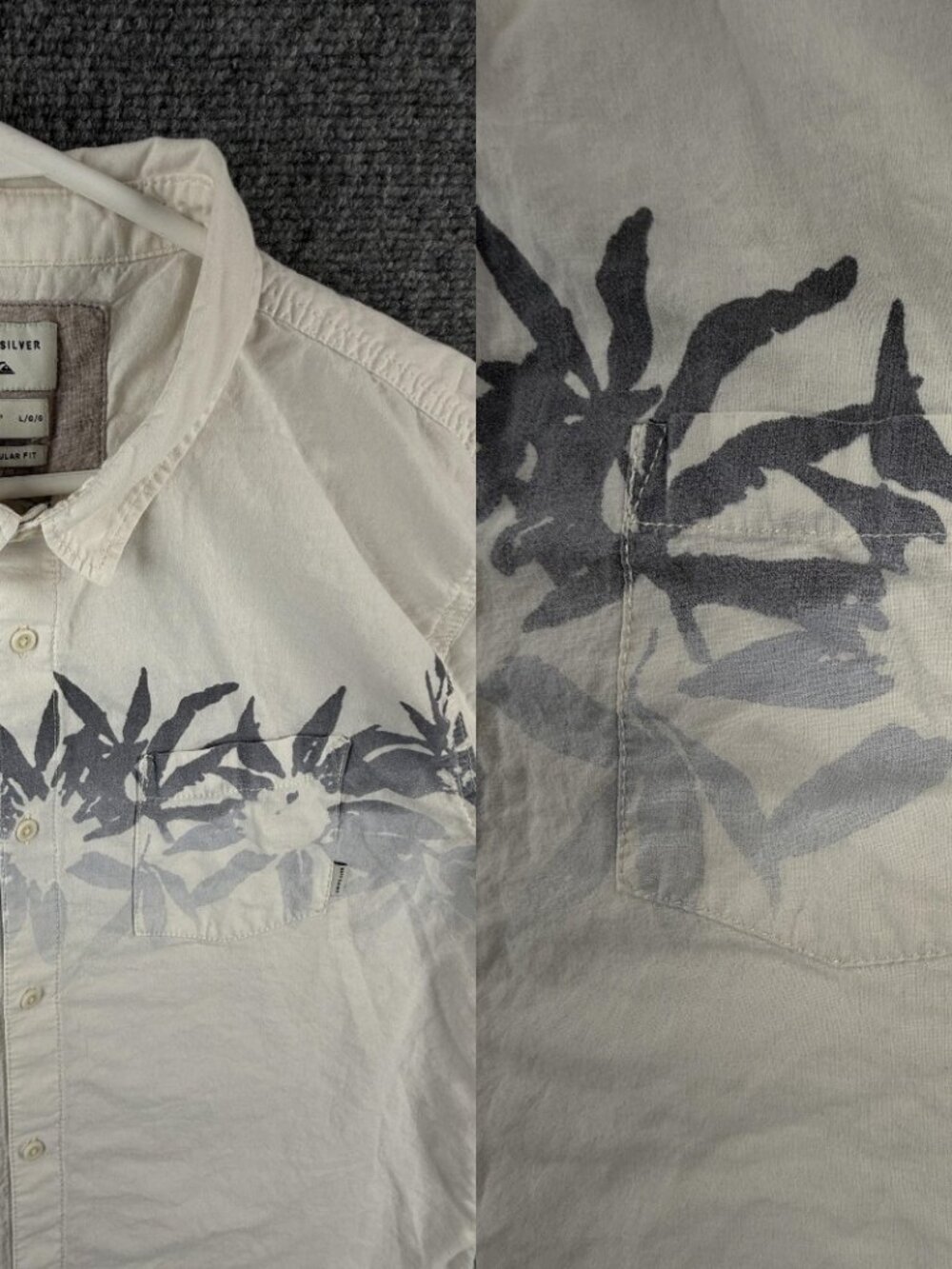 Quiksilver Short Sleeve Button Up Shirt Men Woven Large White Blue Floral Reg